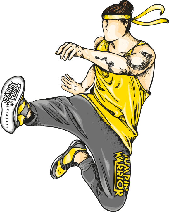 Illustration eines fitten Athleten in Jumpin Warrior-Kleidung, der einen Karatetritt durchführt